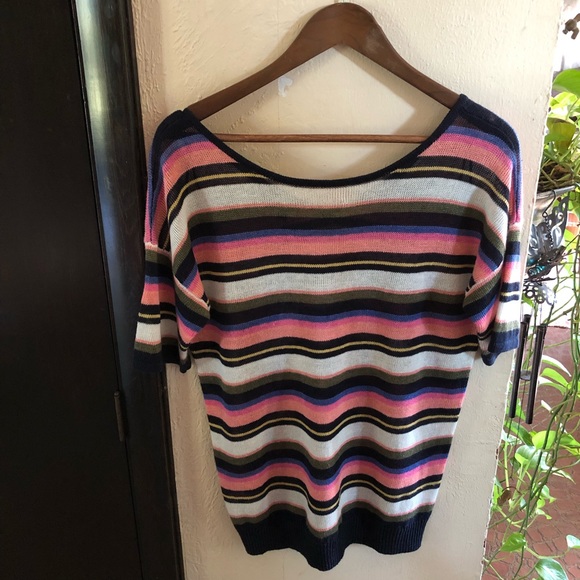 Talbots Linen Short Sleeve Sweater. Navy Multicolor Stripes. Size Medium - Picture 4 of 11
